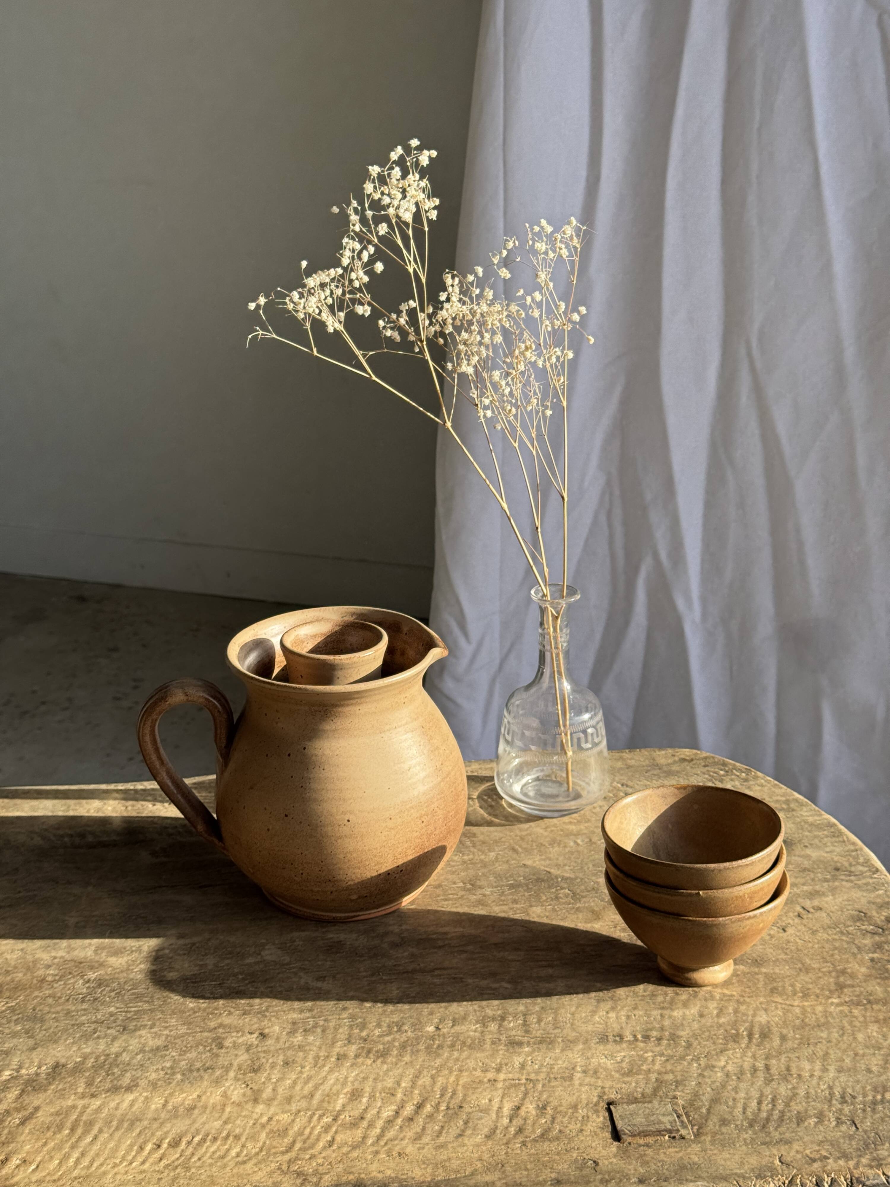 Vintage brutalist stoneware pink wine cooler pitcher H19