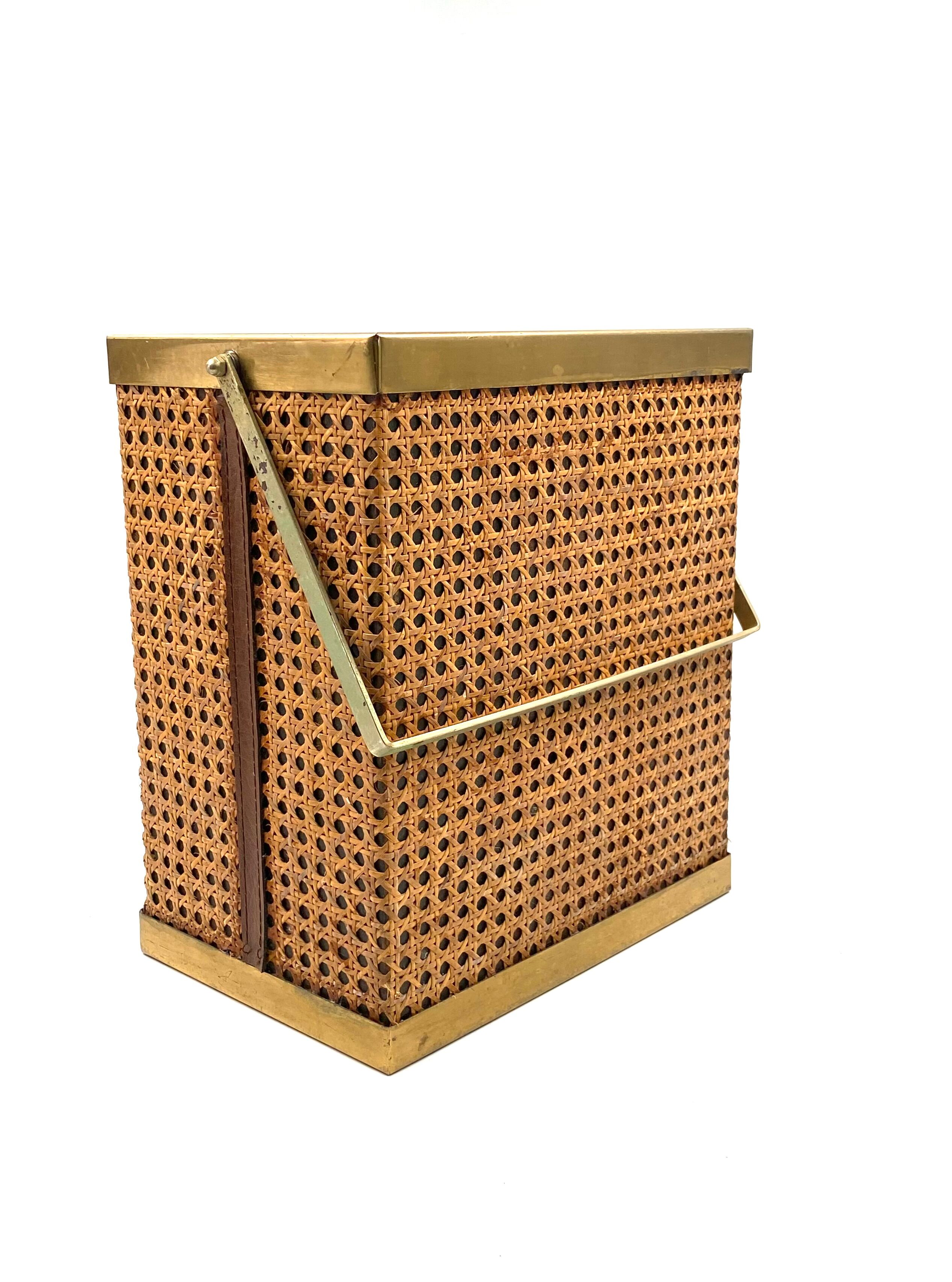 Hollywood regency brass and Vienna straw magazine rack,  Italy 1970