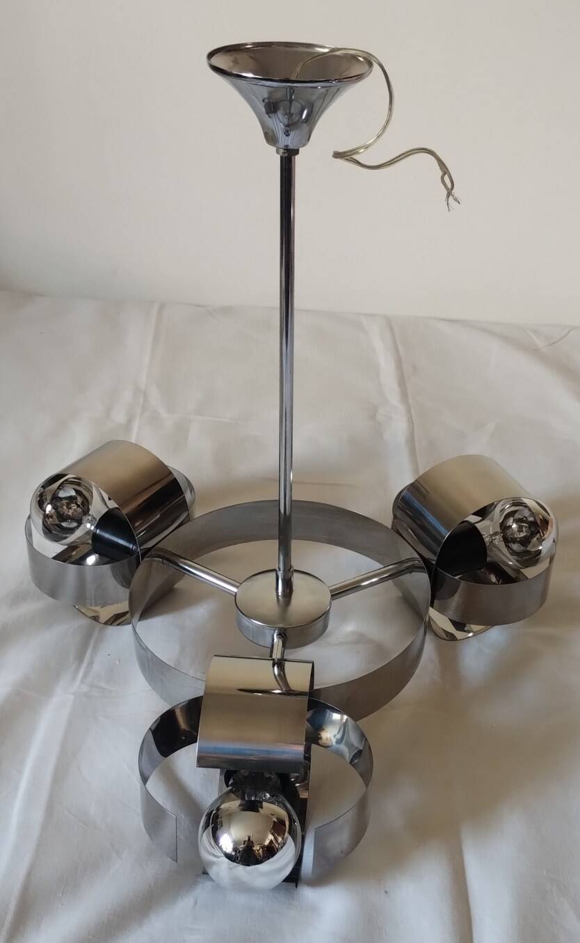 Space Age 3-light chandelier in chrome metal, 1970s