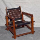Ensemble de 4 fauteuils et une table basse en Bunbinga et cuir