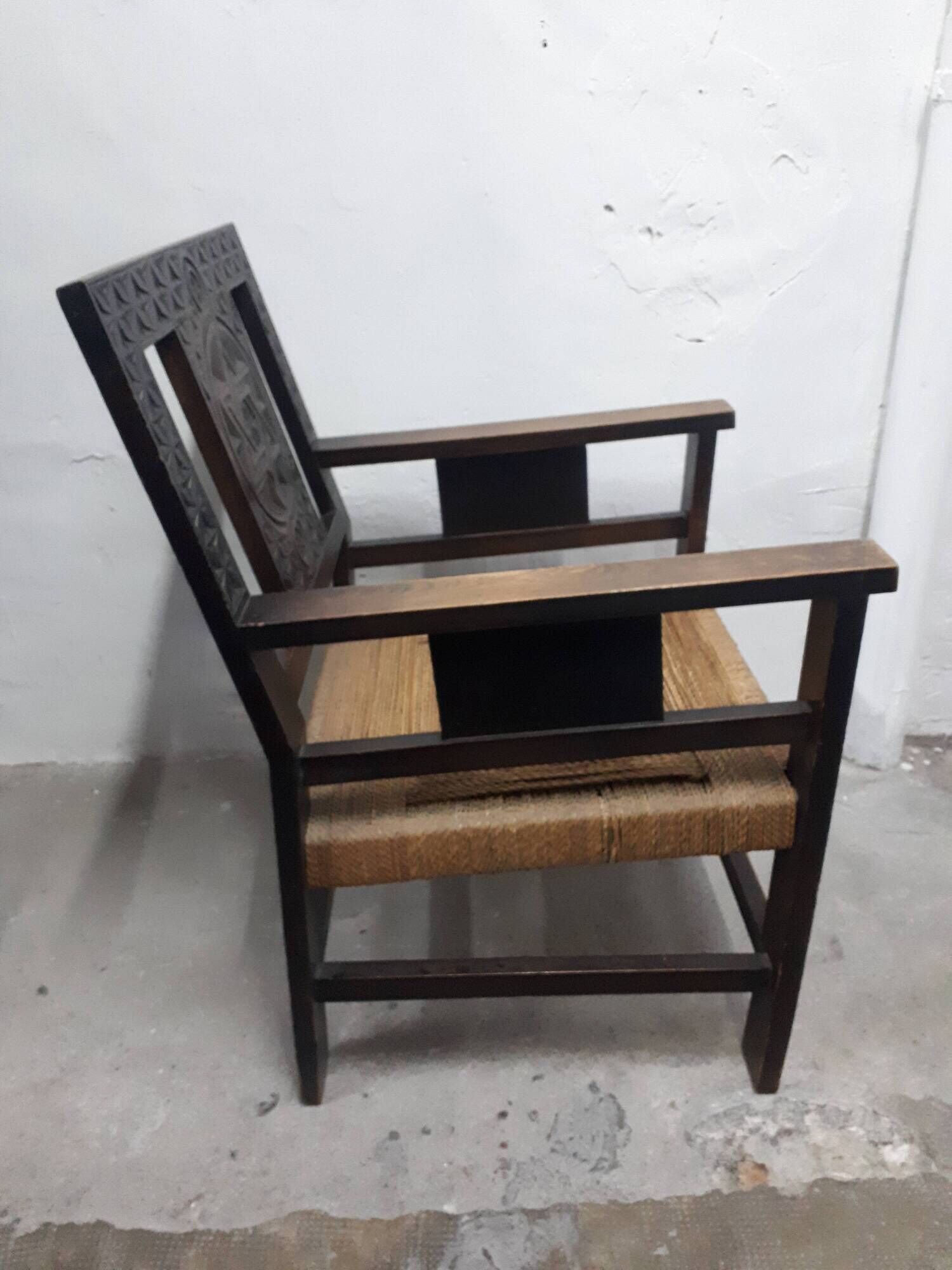 Pair of carved solid wood armchair and vintage rope 1950