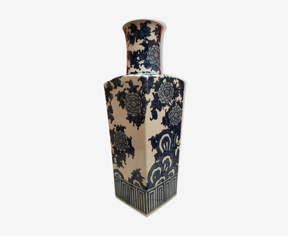 Vase céramique chinoise vintage blanc et bleu cobalt