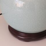 Celadon-colored cracked ceramic table lamp with new personalized lampshade.