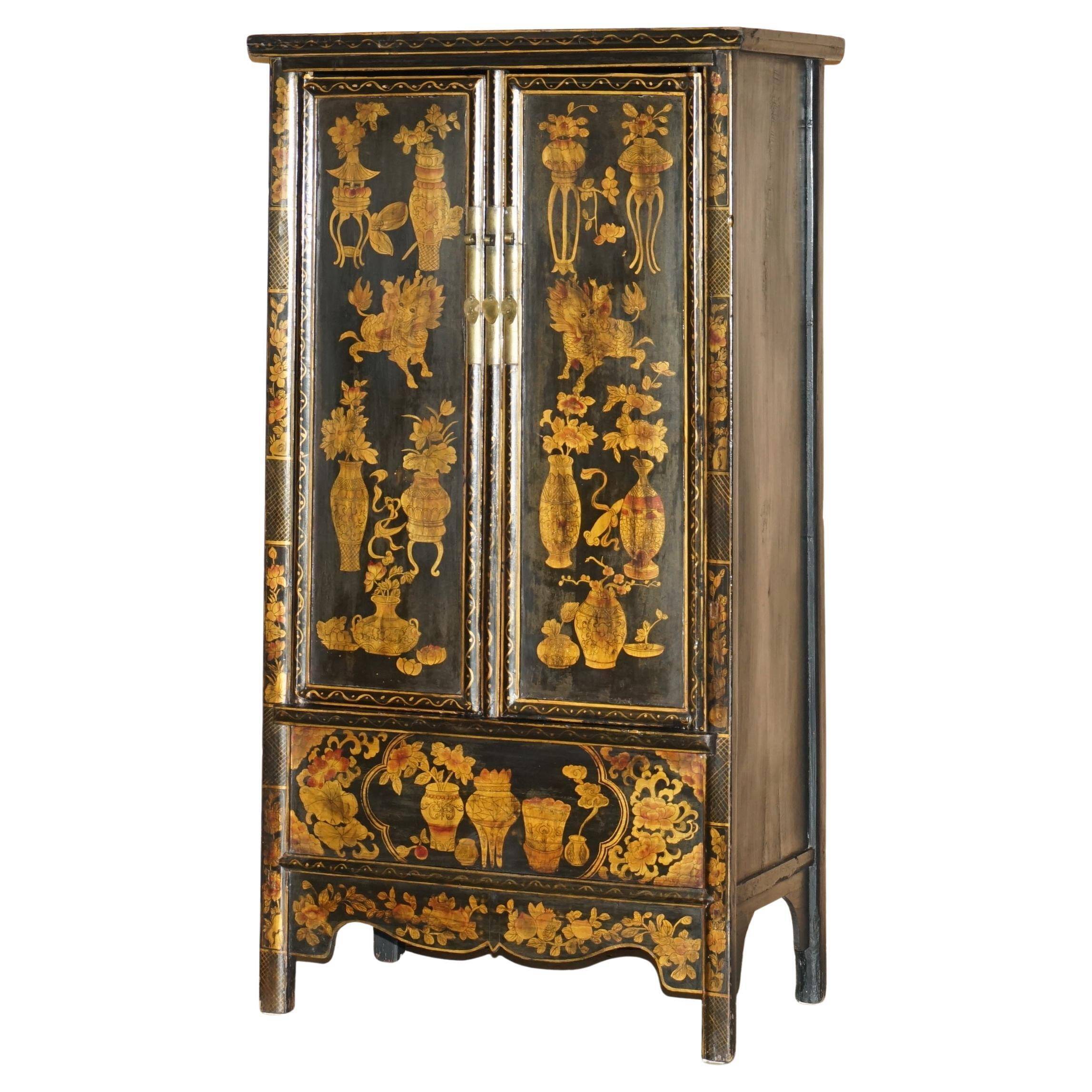 Chinese lacquered wedding cabinet painted circa 1920