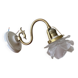 Swan neck wall light in brass with rose petal glass shade.