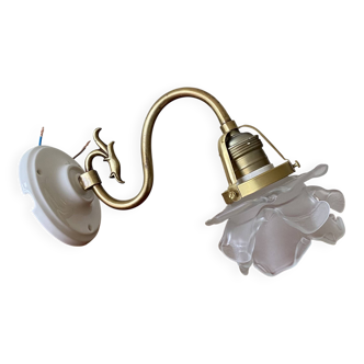 Swan neck wall light in brass with rose petal glass shade.