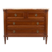 Louis XVI style commode in natural wood, with four drawers, marble top.