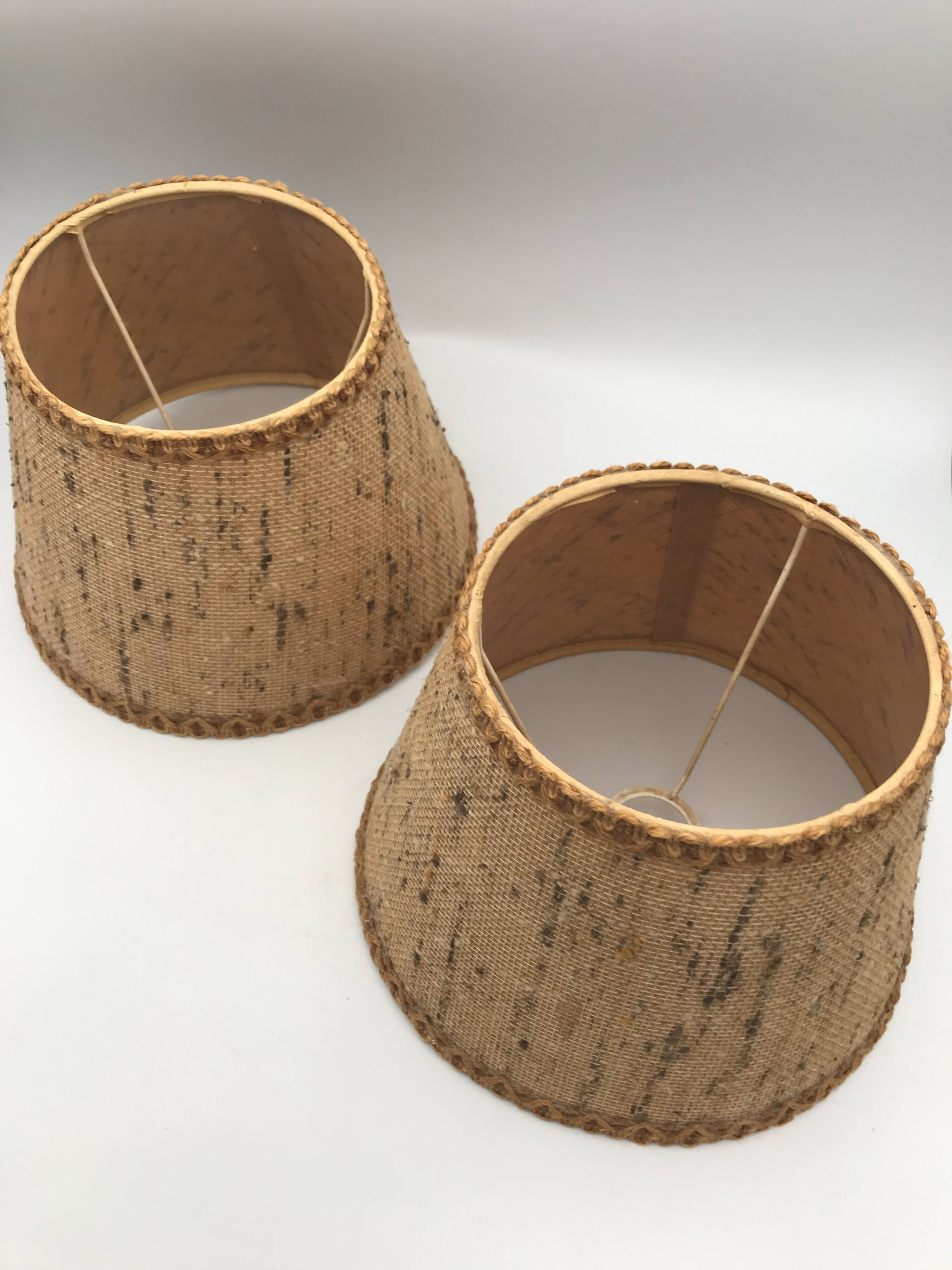 Pair of vintage burlap and braid lampshades