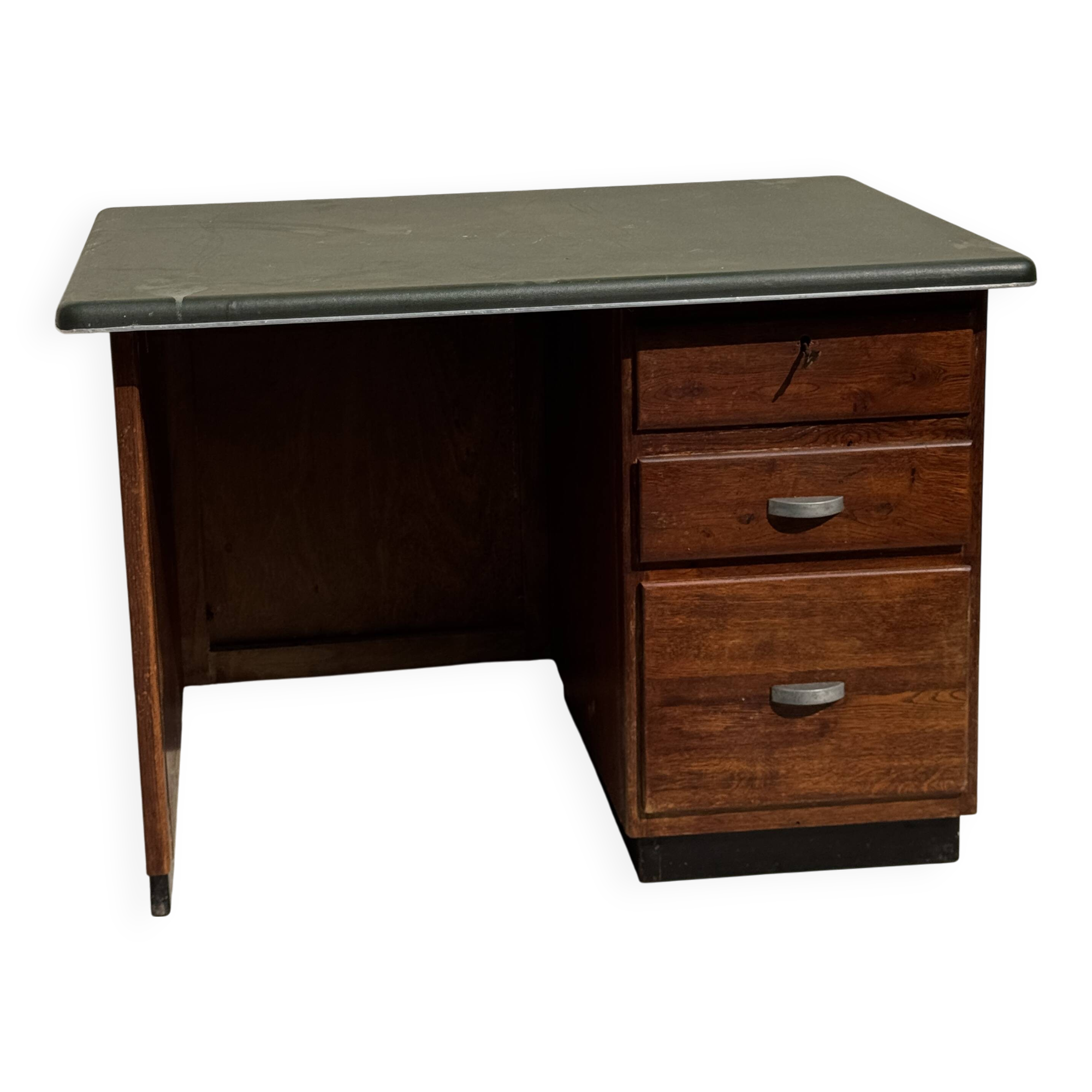 Modernist desk in wood and green moleskin upholstery