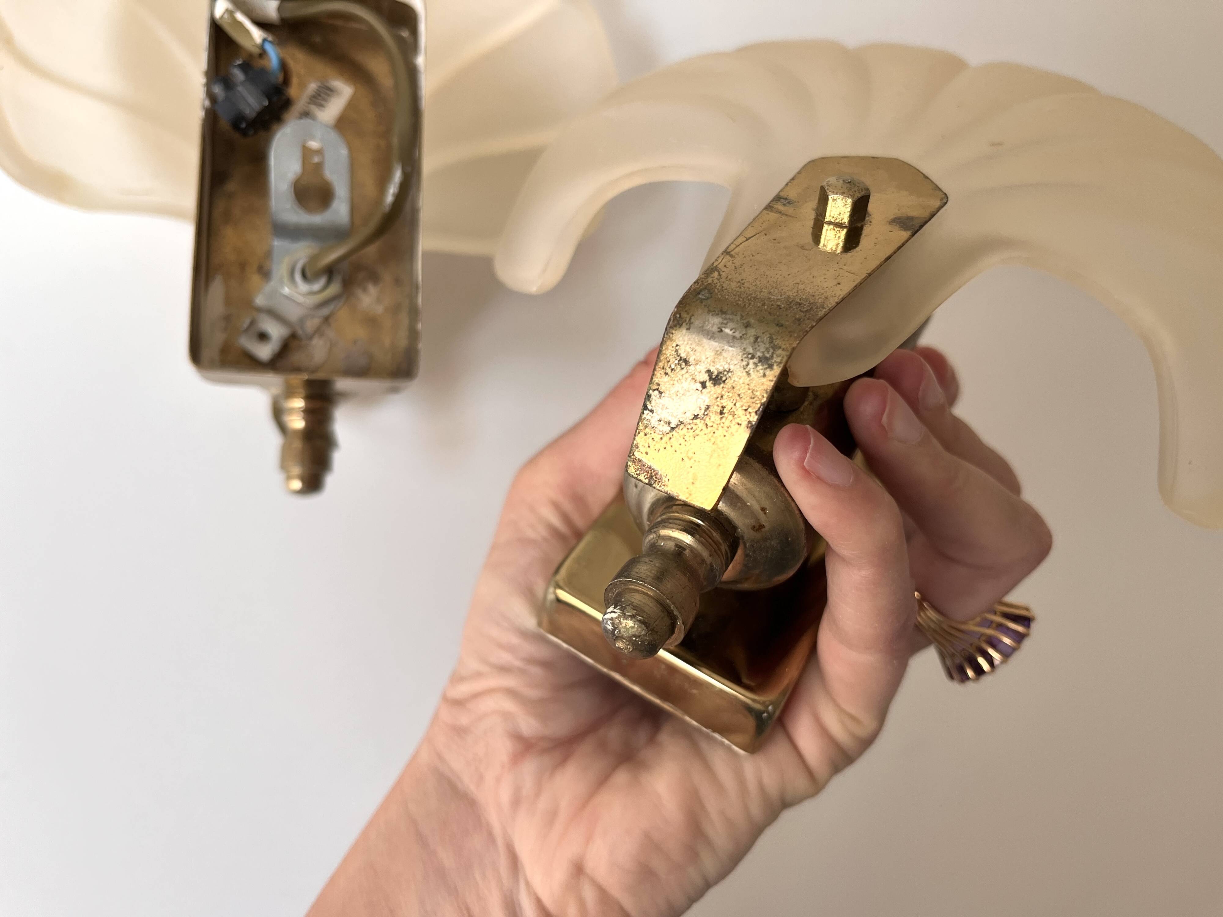Pair of vintage shell glass wall lights, Art Deco style fixtures.