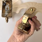 Pair of vintage shell glass wall lights, Art Deco style fixtures.