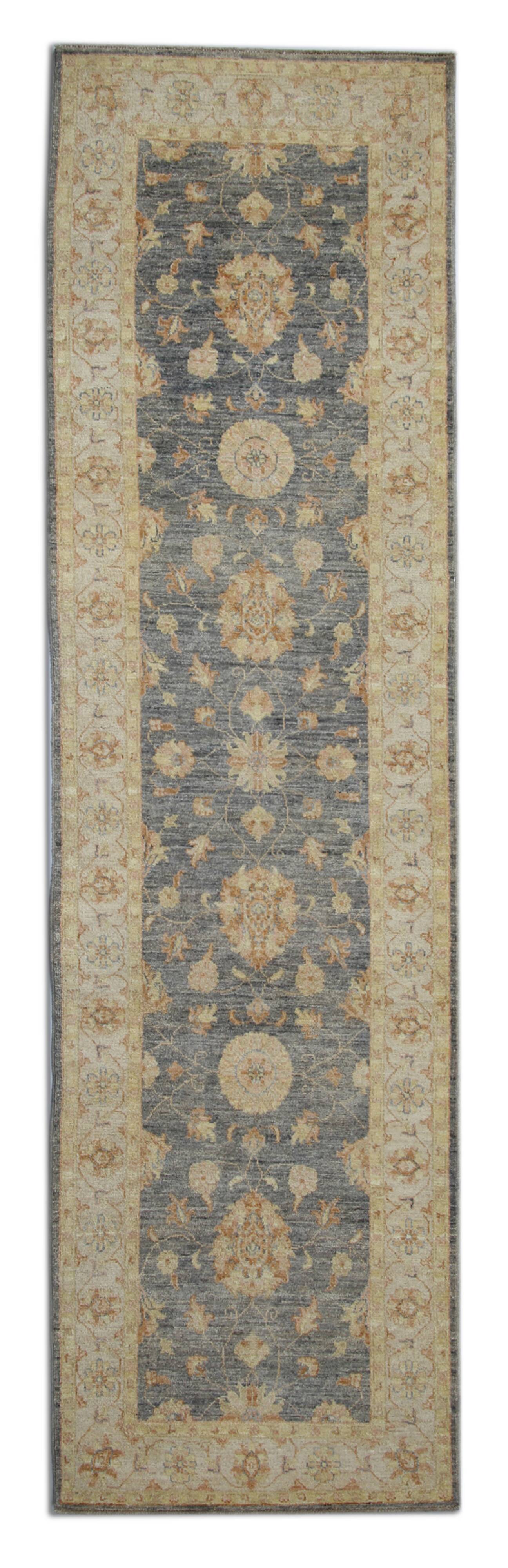 Oriental Grey Beige Stair Runner Rug, Wool Hand Knotted 81 x 295 cm