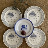 5 assiettes dessert en bleu.