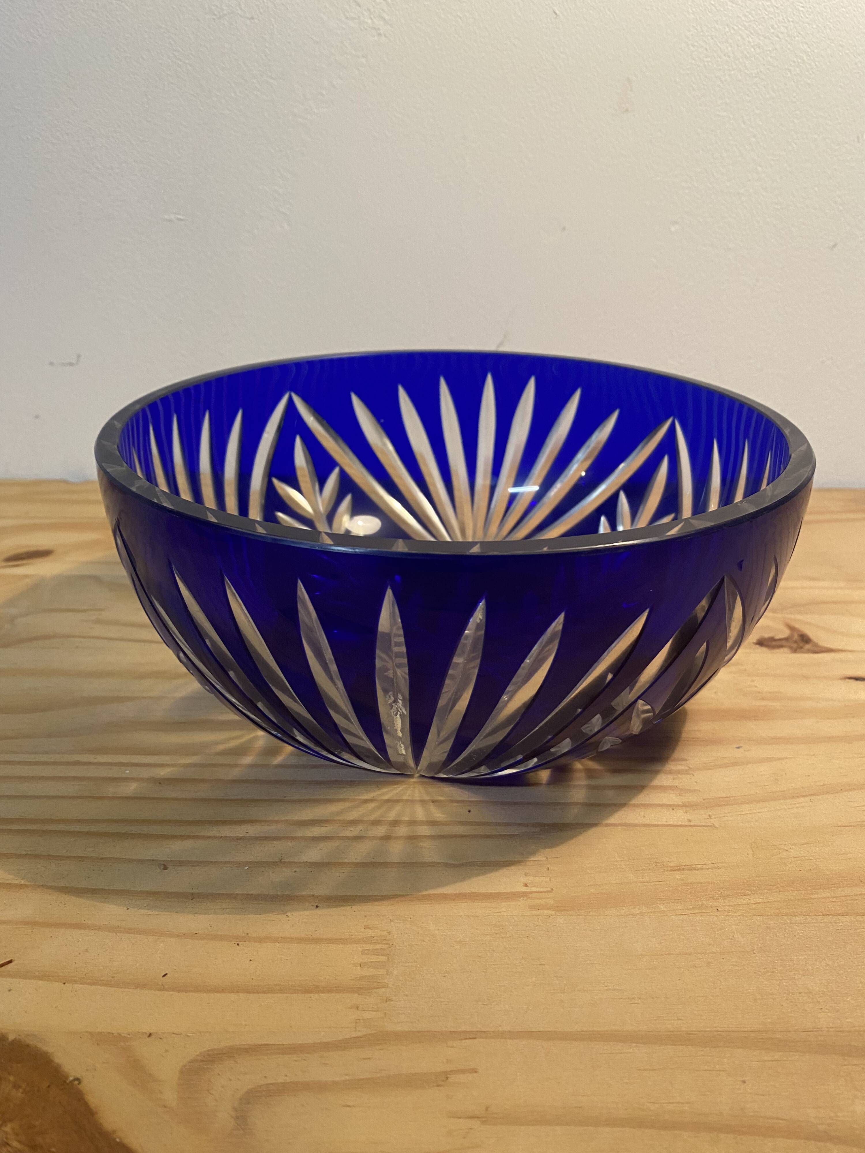 Cobalt Blue Cut Glass Salad Bowl