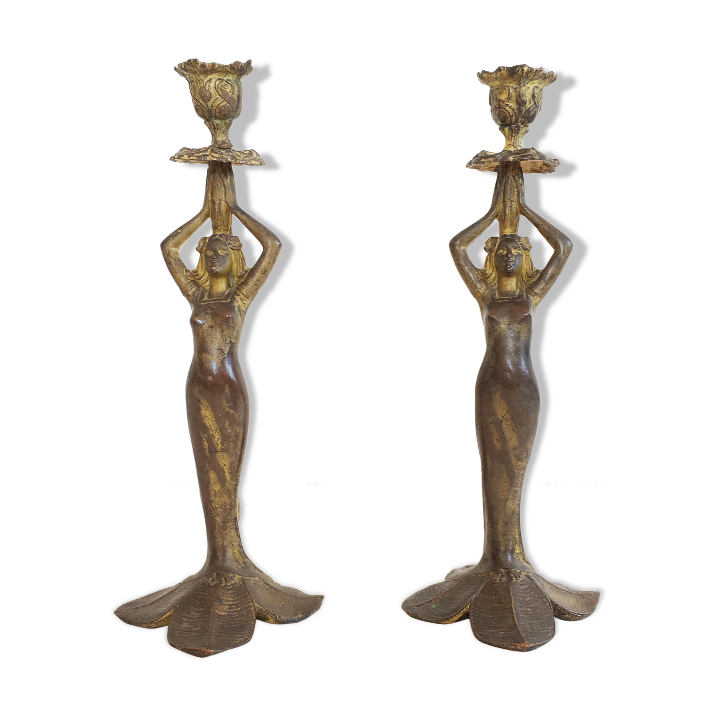 Pair of antique Mermaid candlesticks Art Nouveau