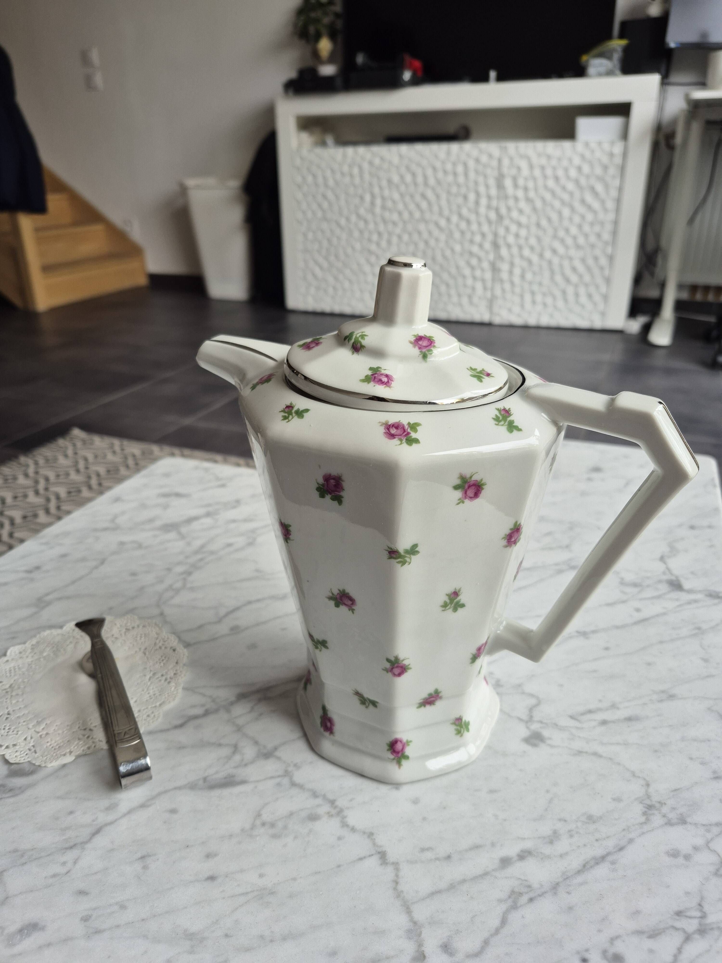 Limoges porcelain coffee pot B&D Roses & silver trim
