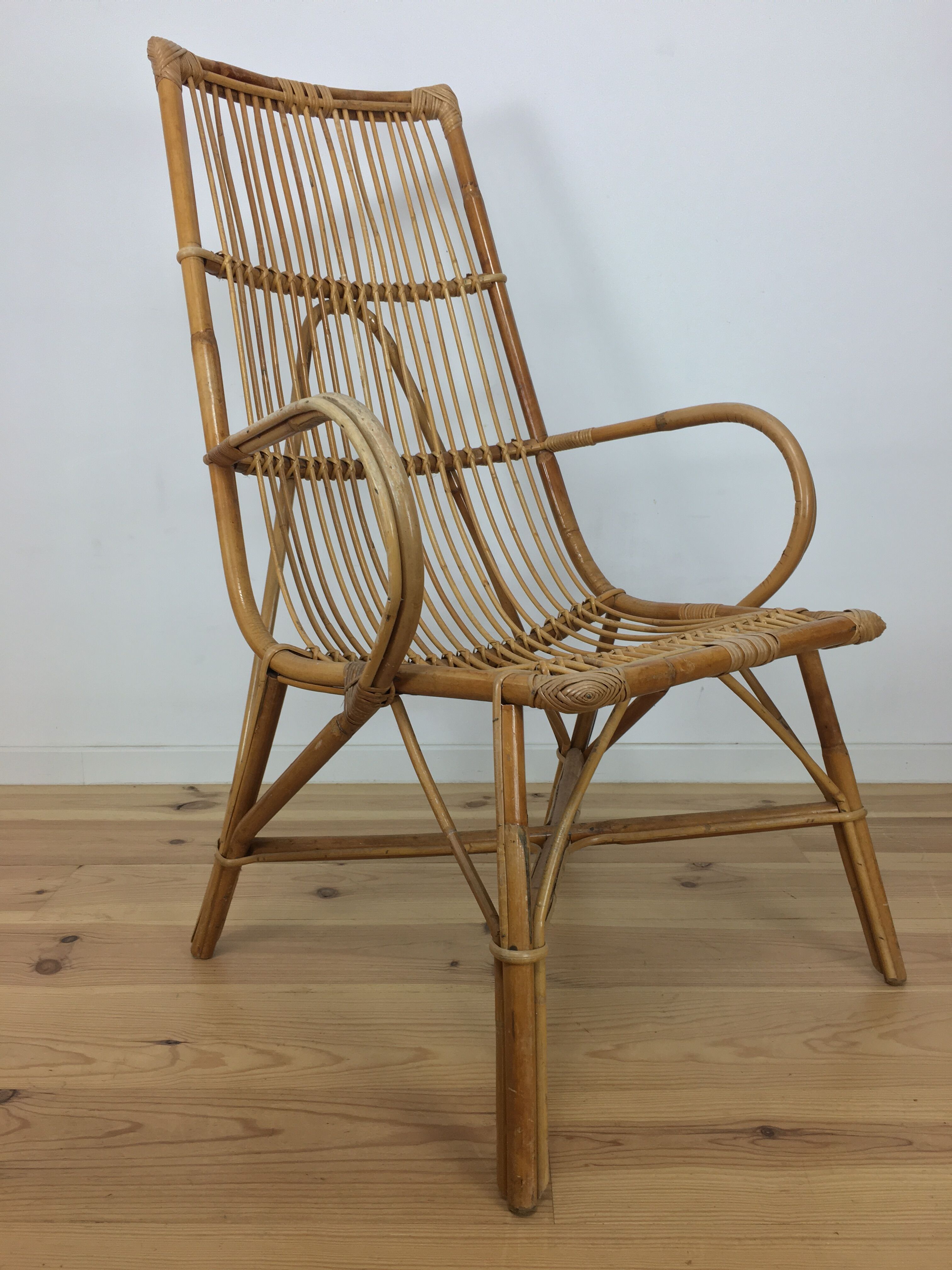50s rattan chair, high-back basket