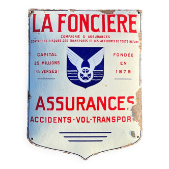 Ancienne grande plaque emaillée bombee ecusson la fonciere assurances