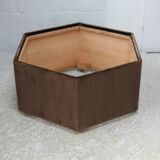Space age table, hexagonal. Wood, velvet and smoked mirror. Circa 1970