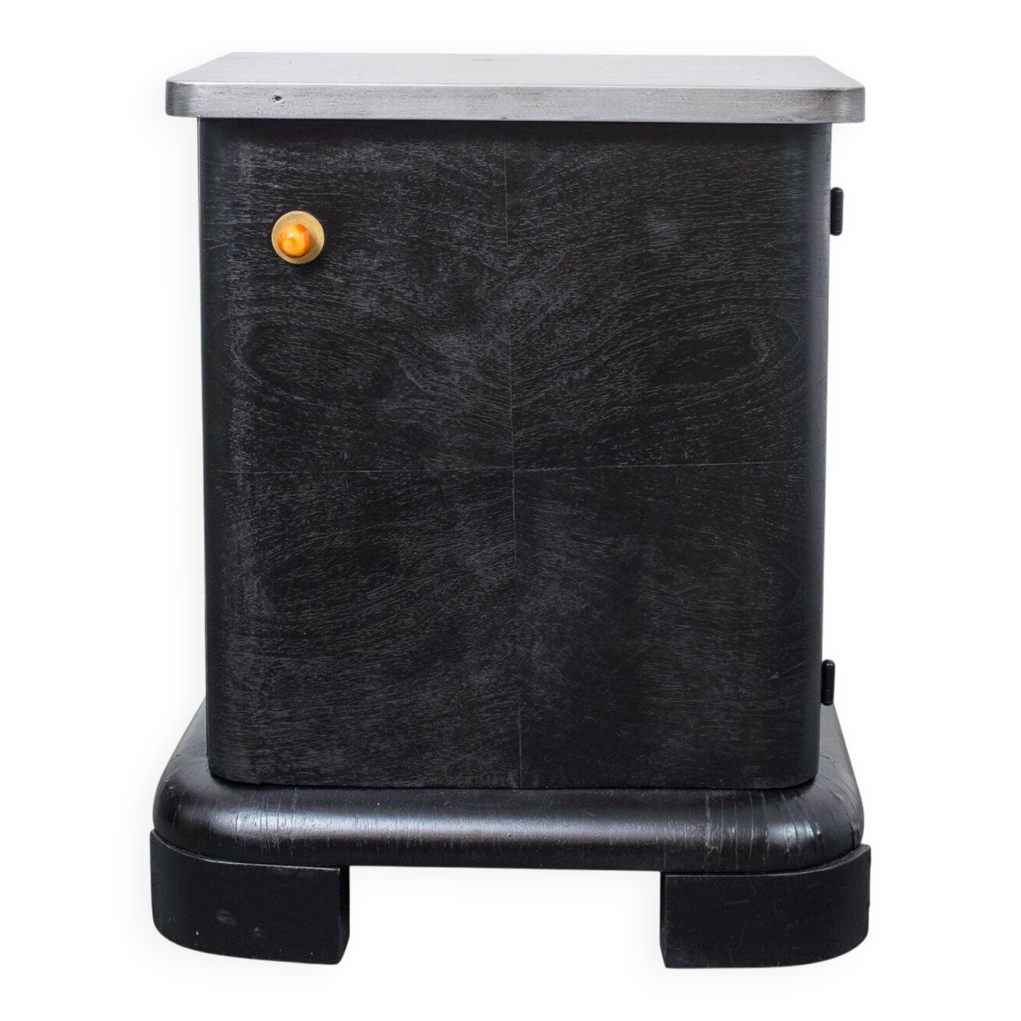 Black Art Deco bedside table in wood, silver top, single door, 1930s.