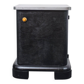 Black Art Deco bedside table in wood, silver top, single door, 1930s.