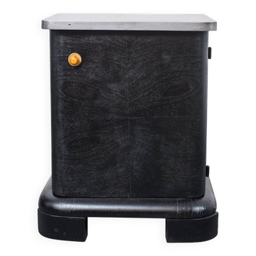 Black Art Deco bedside table in wood, silver top, single door, 1930s.