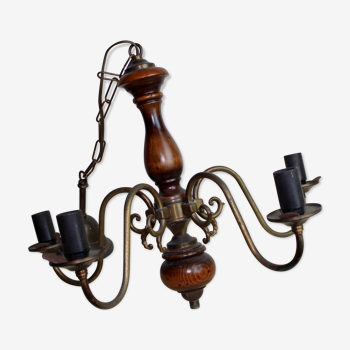 Lustre hollandais ancien en bois et bronze