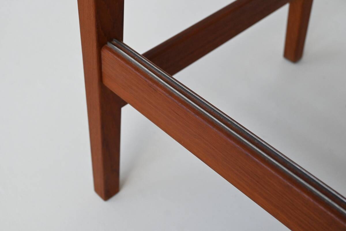 Erik Buck set of three bar stools in teak and leather Dyrlund Denmark 1960