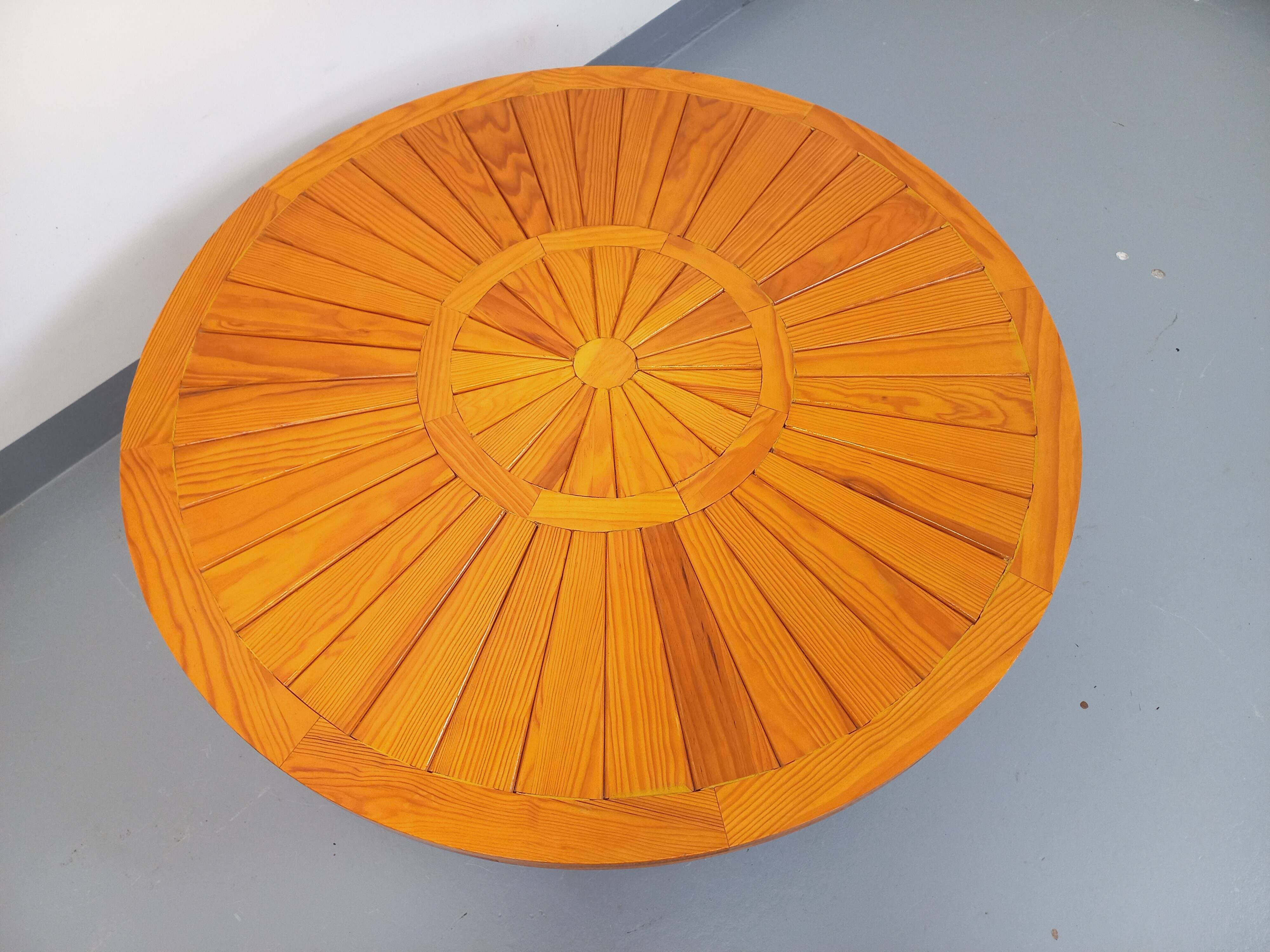 Vintage round pine coffee table from the 70s
