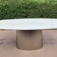 Oval designer dining table in frosted glass and brushed stainless steel