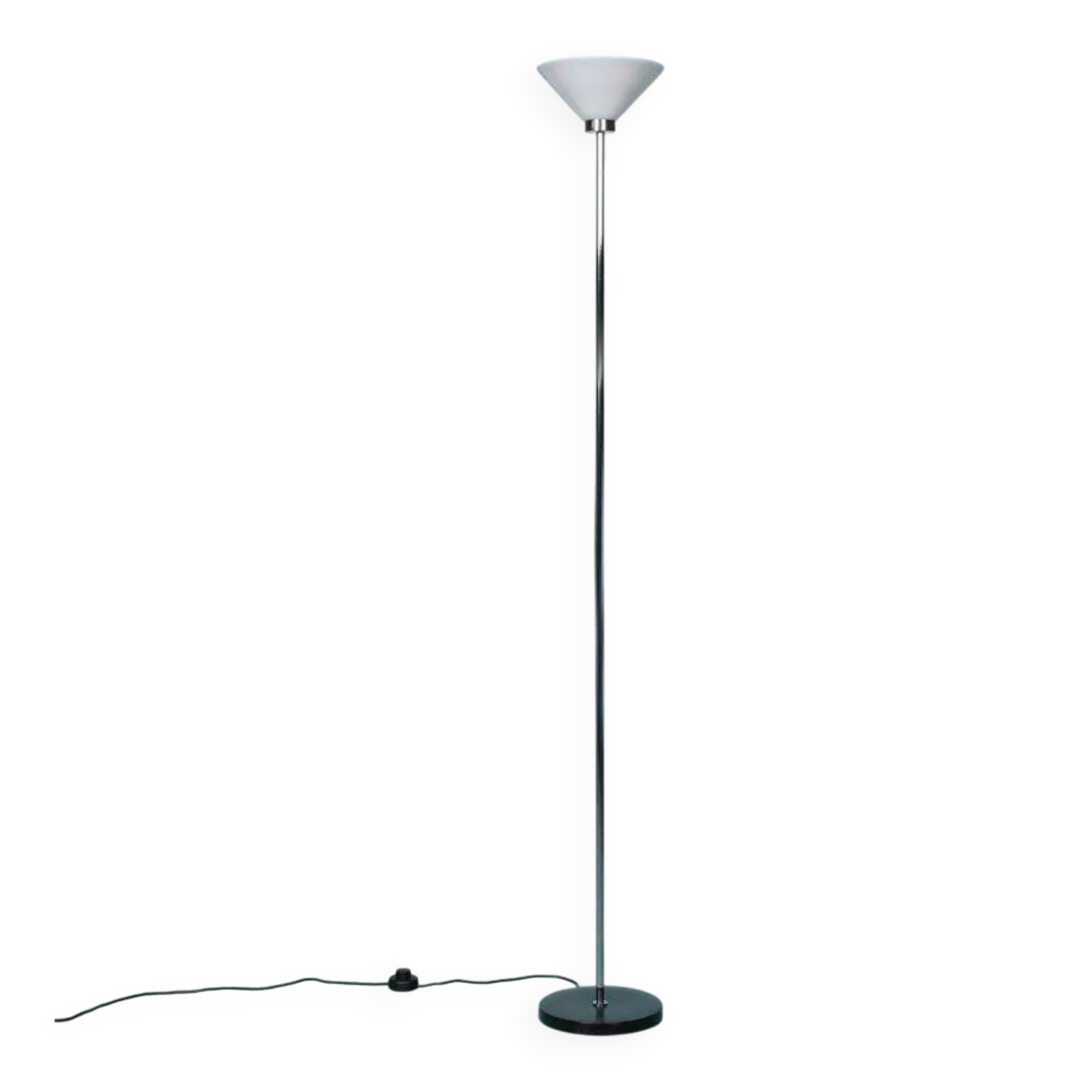 Vintage floor lamp in milky glass and chrome, minimalist uplight lighting.