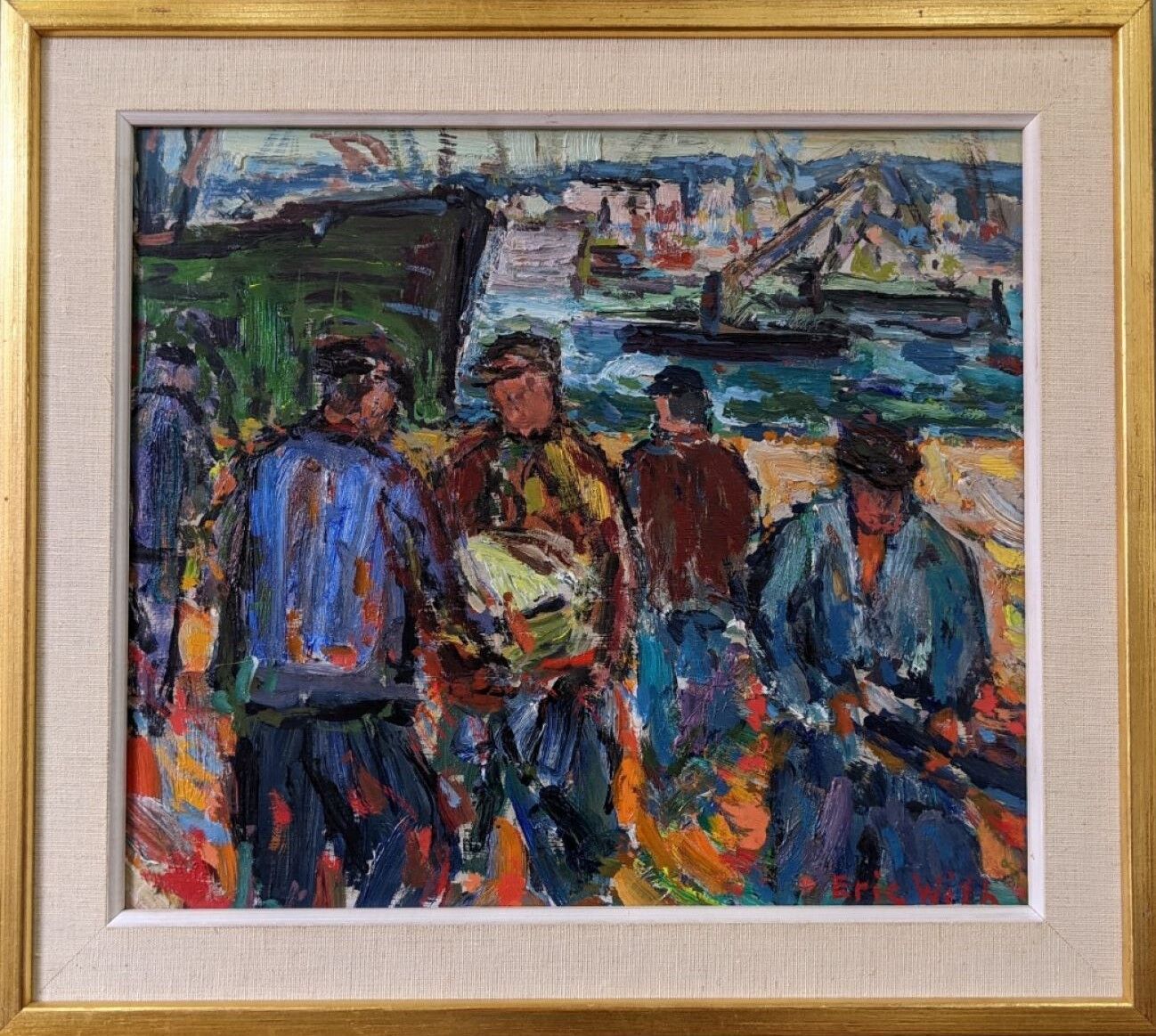 Mid-Century Modern Swedish "Coastal Dock" Vintage Figurative Oil Painting, Framed