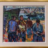Peinture à l’huile figurative vintage suédoise « Coastal Dock » du milieu du siècle, encadrée