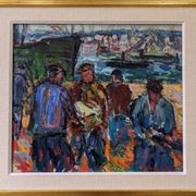 Peinture à l’huile figurative vintage suédoise « Coastal Dock » du milieu du siècle, encadrée