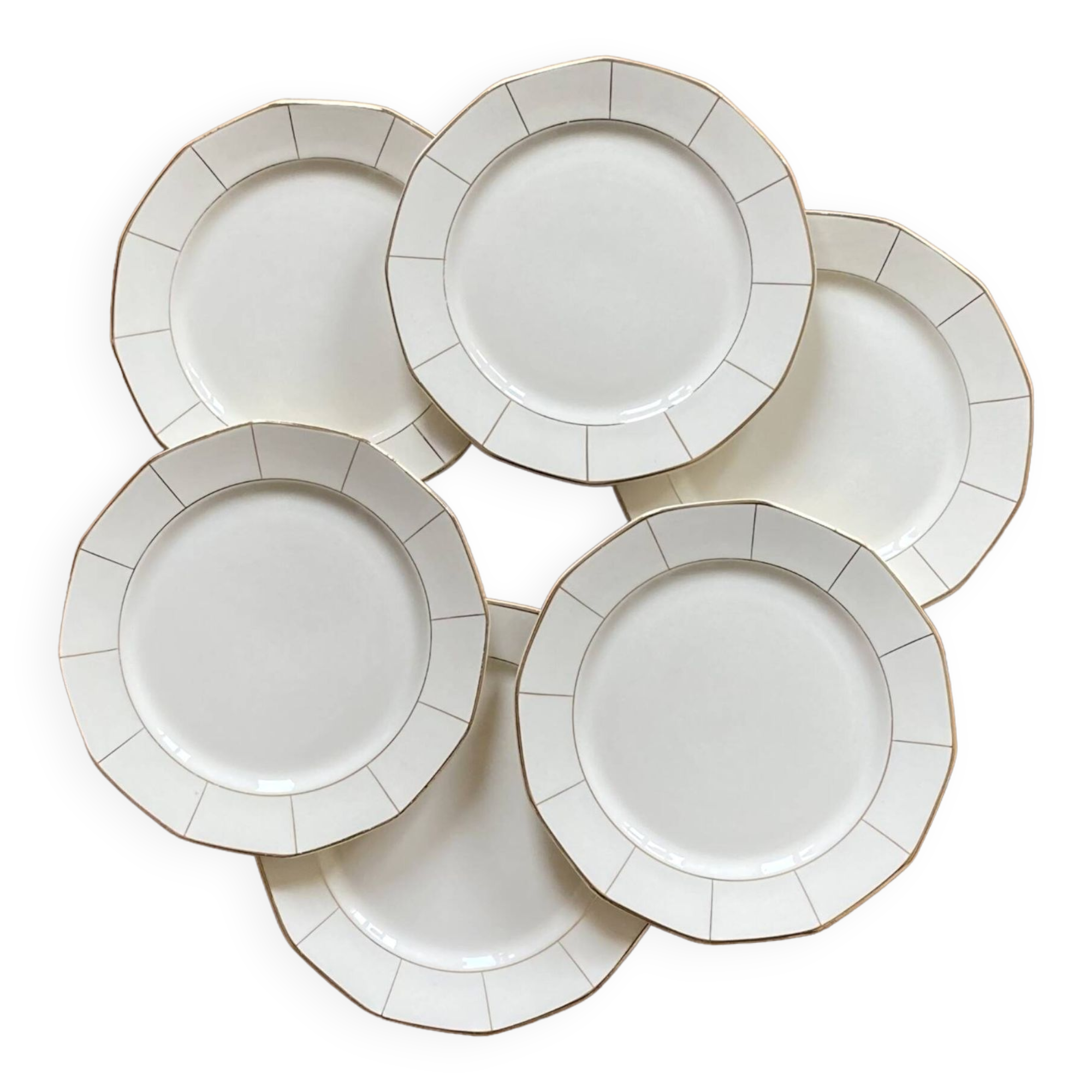 Set of 6 old Badonviller earthenware flat plates off-white and vintage gold tableware