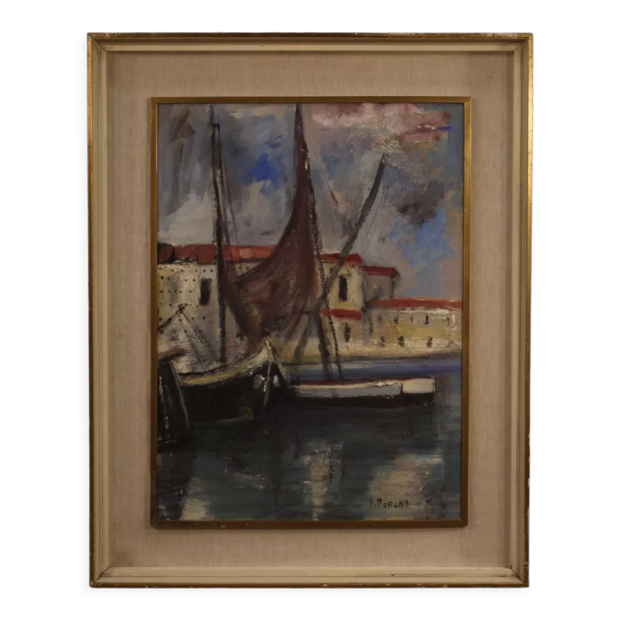 Italian painting signed harbor view with boats from 20th century
