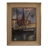 Peinture italienne signée vue sur le port avec des bateaux du 20ème siècle