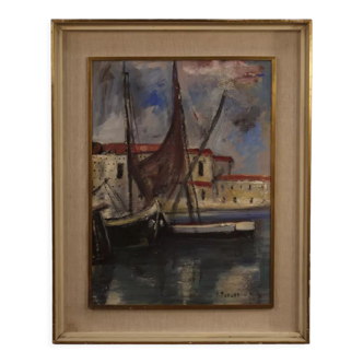 Peinture italienne signée vue sur le port avec des bateaux du 20ème siècle