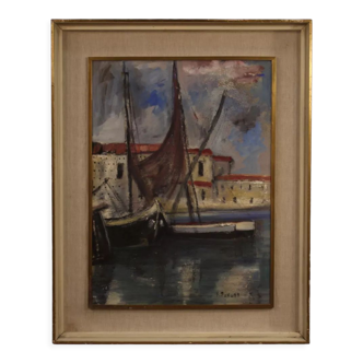 Italian painting signed harbor view with boats from 20th century