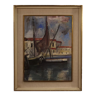 Peinture italienne signée vue sur le port avec des bateaux du 20ème siècle