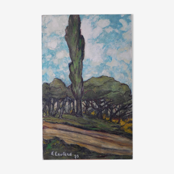 Ancienne huile sur toile, vue sur paysage de guarrigue