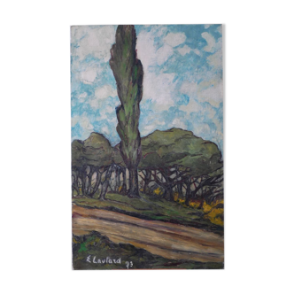 Old oil on canvas, view on guarrigue landscape