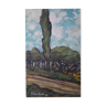 Ancienne huile sur toile, vue sur paysage de guarrigue