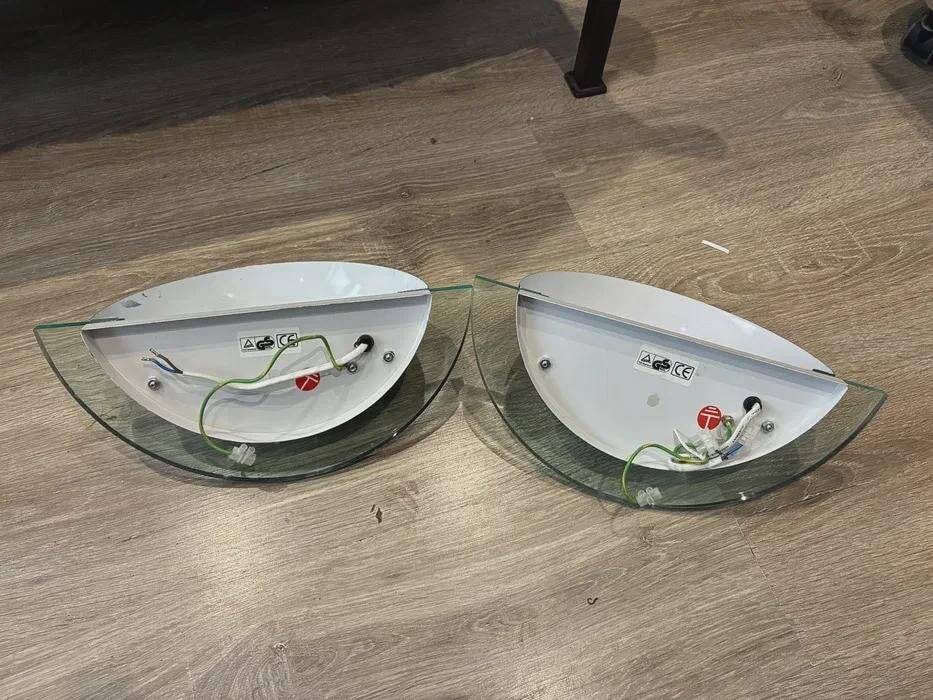Pair of Bahag wall lights, chrome half-spheres on curved glass, 1980s