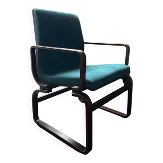 Scandinavian armchair curved wood / turquoise suede