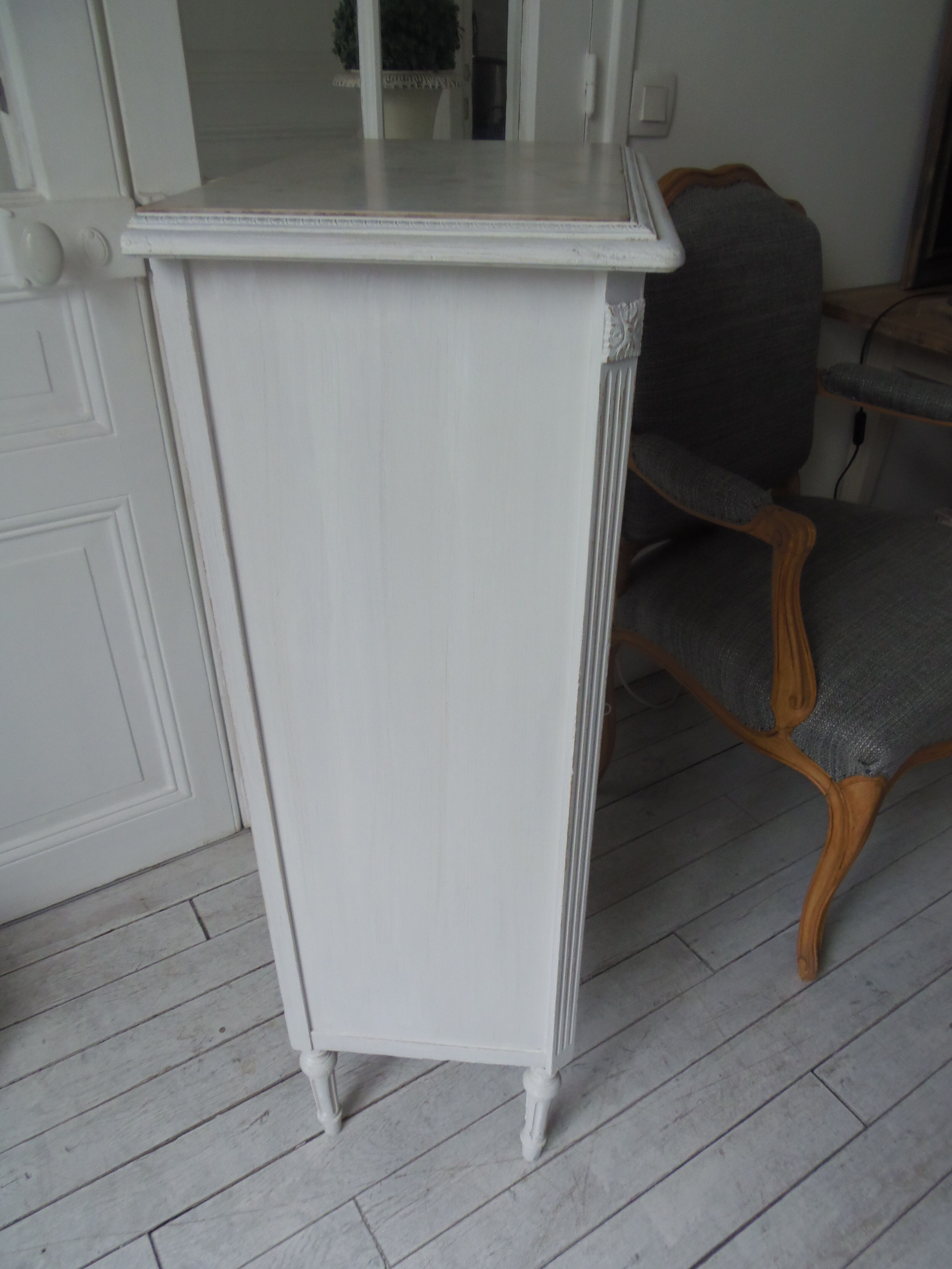 Louis XVI style furniture patinated pearl grey, marble tray