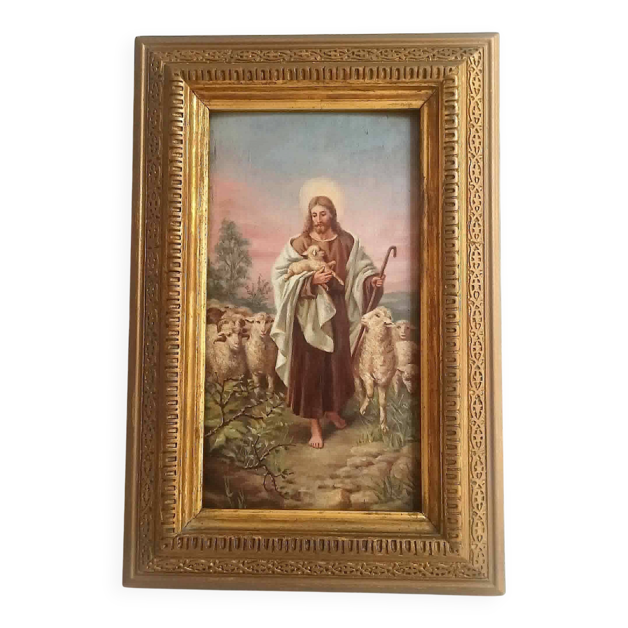 Oil painting on wood The Good Shepherd Christ Late 19th century