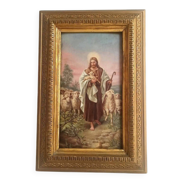 Oil painting on wood The Good Shepherd Christ Late 19th century