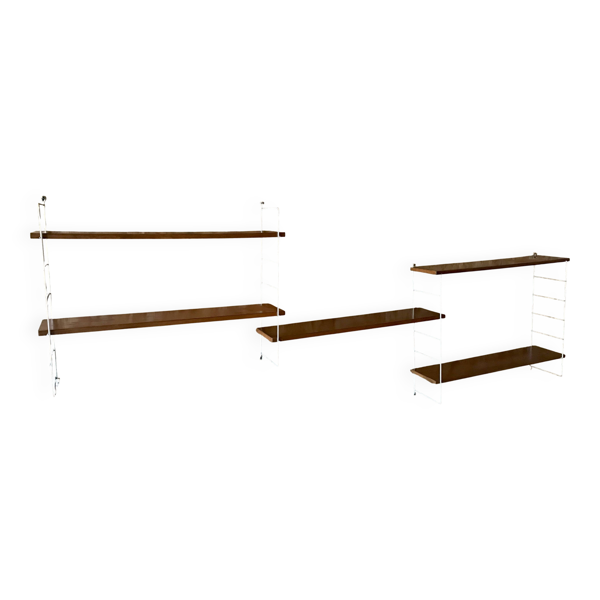 Vintage modular wall shelf with 4 supports and 5 levels.