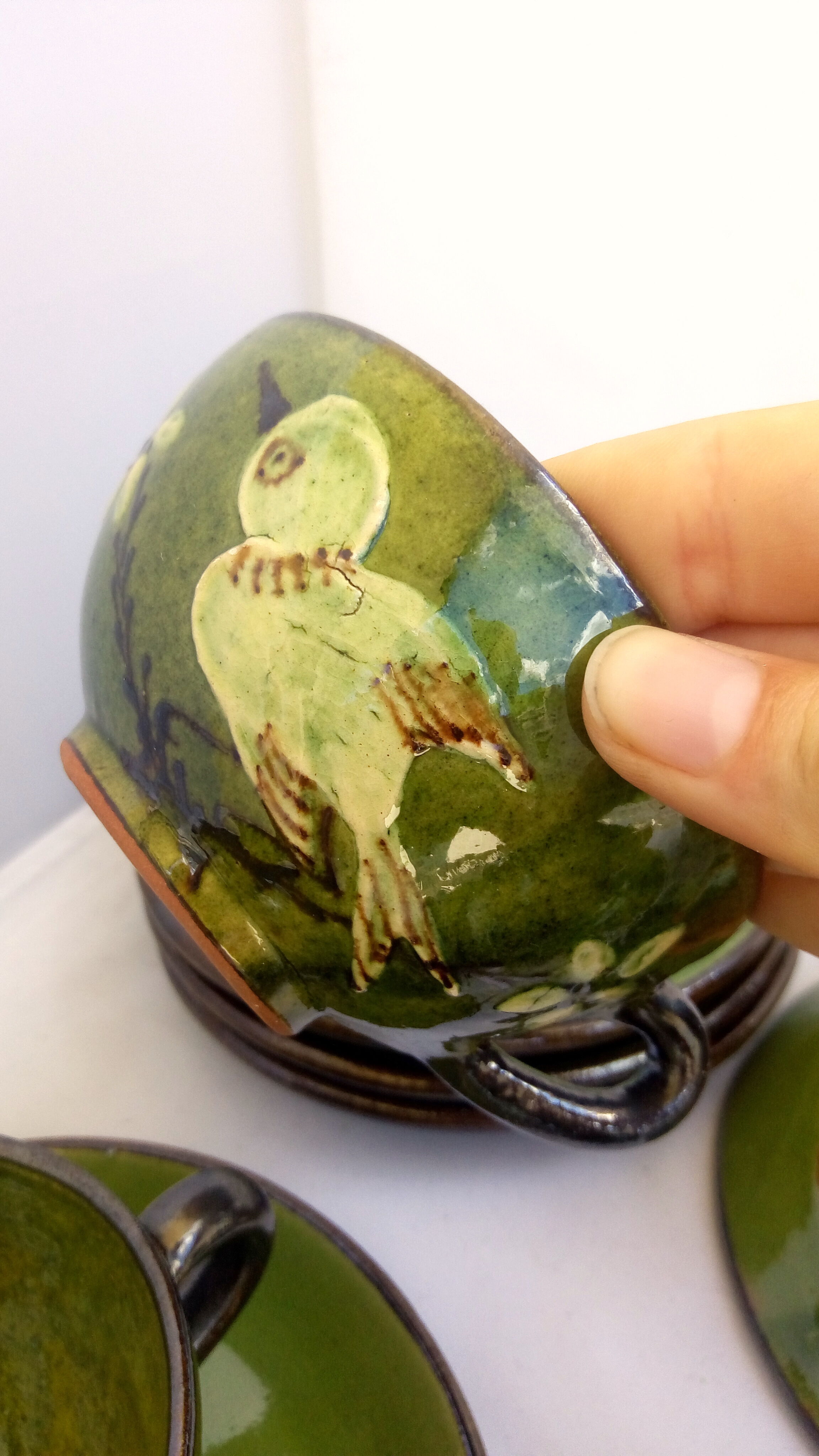 6 tea cups/green ceramic bird coffee